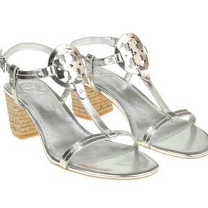 Tory Burch Women's Miller Silver Metallic Espadrille Block Heel Sandals Size 9